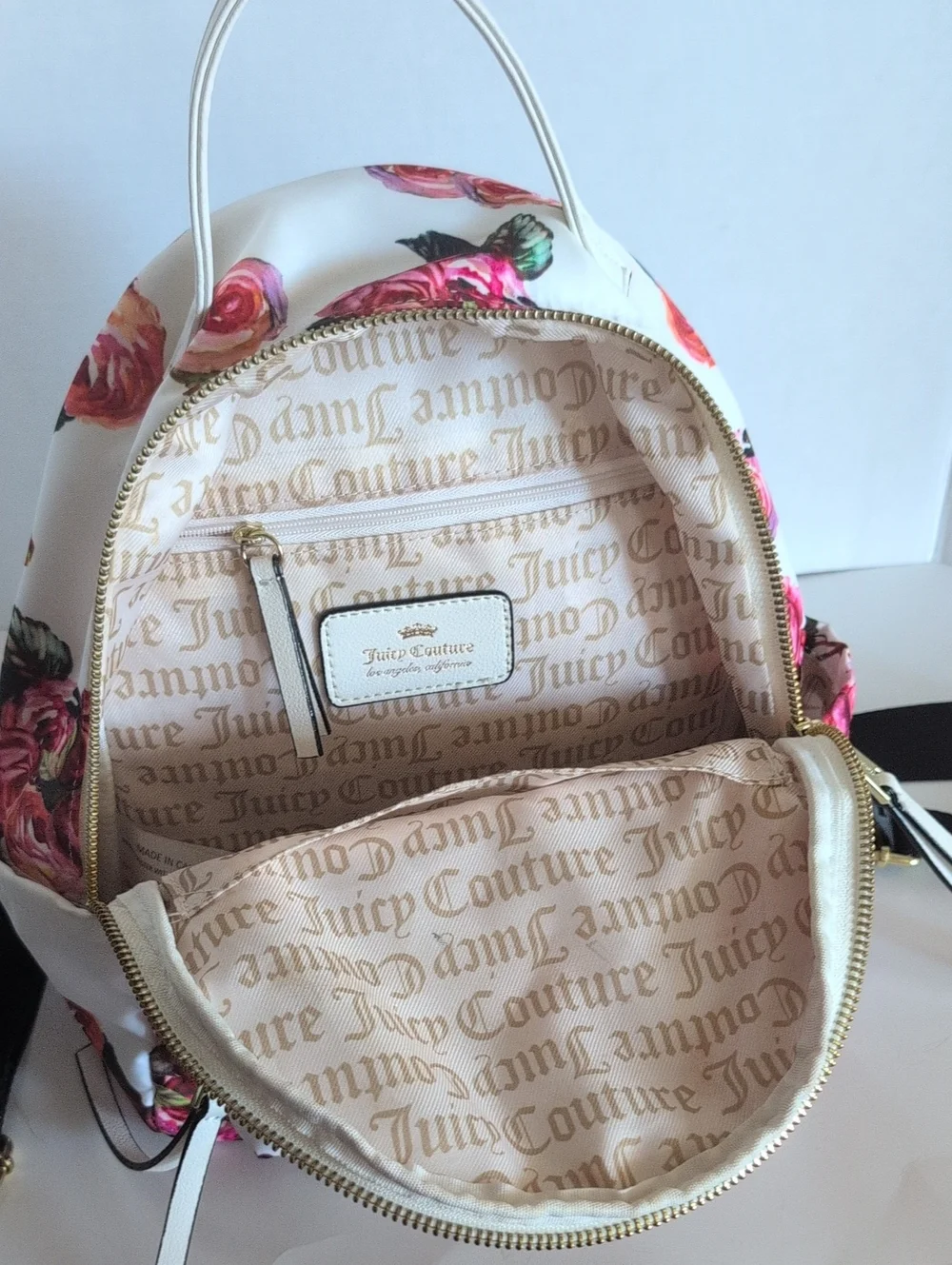 Juicy Couture Floral Mini Backpack - White with Pink Rose Print